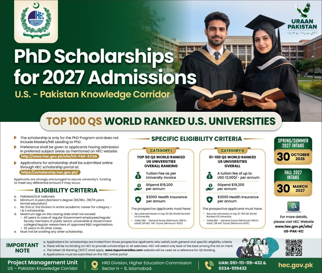 PhD scholarships for 2027 admissions US Pakistan Knowledge Corridor
