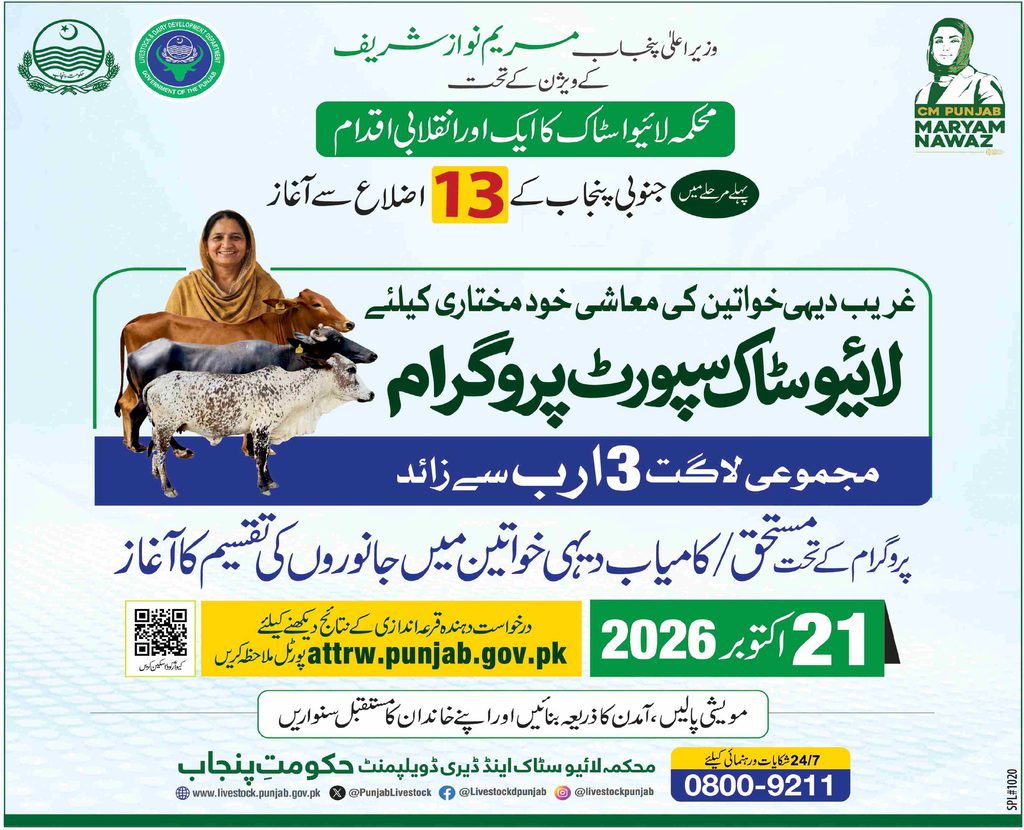 Livestock and Dairy Development department of Goverment of Punjab has launched a Livestock Support Program for poorer women of rural areas.